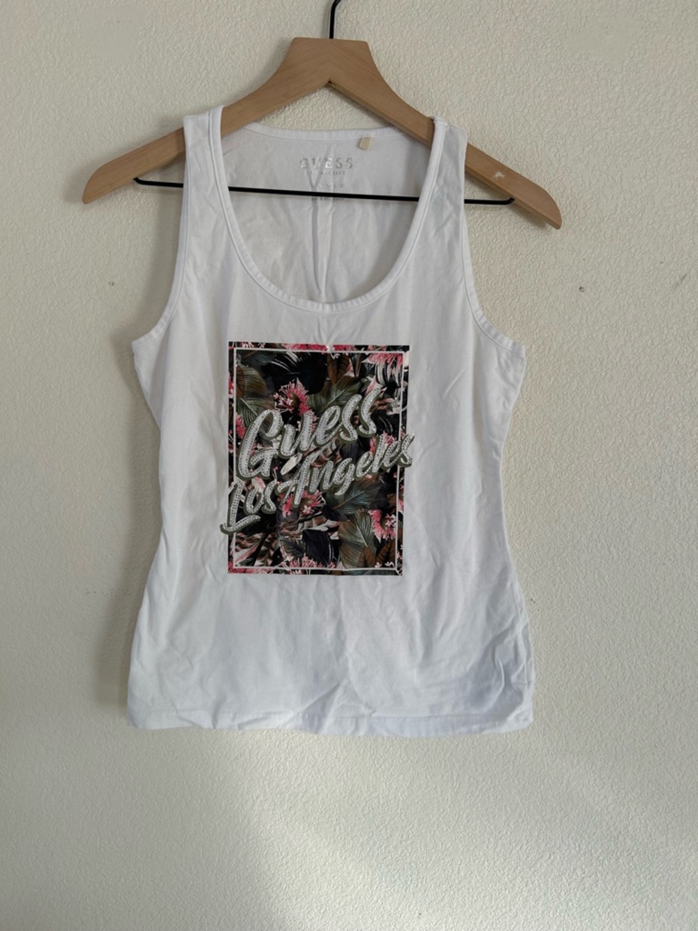 Guess White Tank with Tropical Floral Logo Print